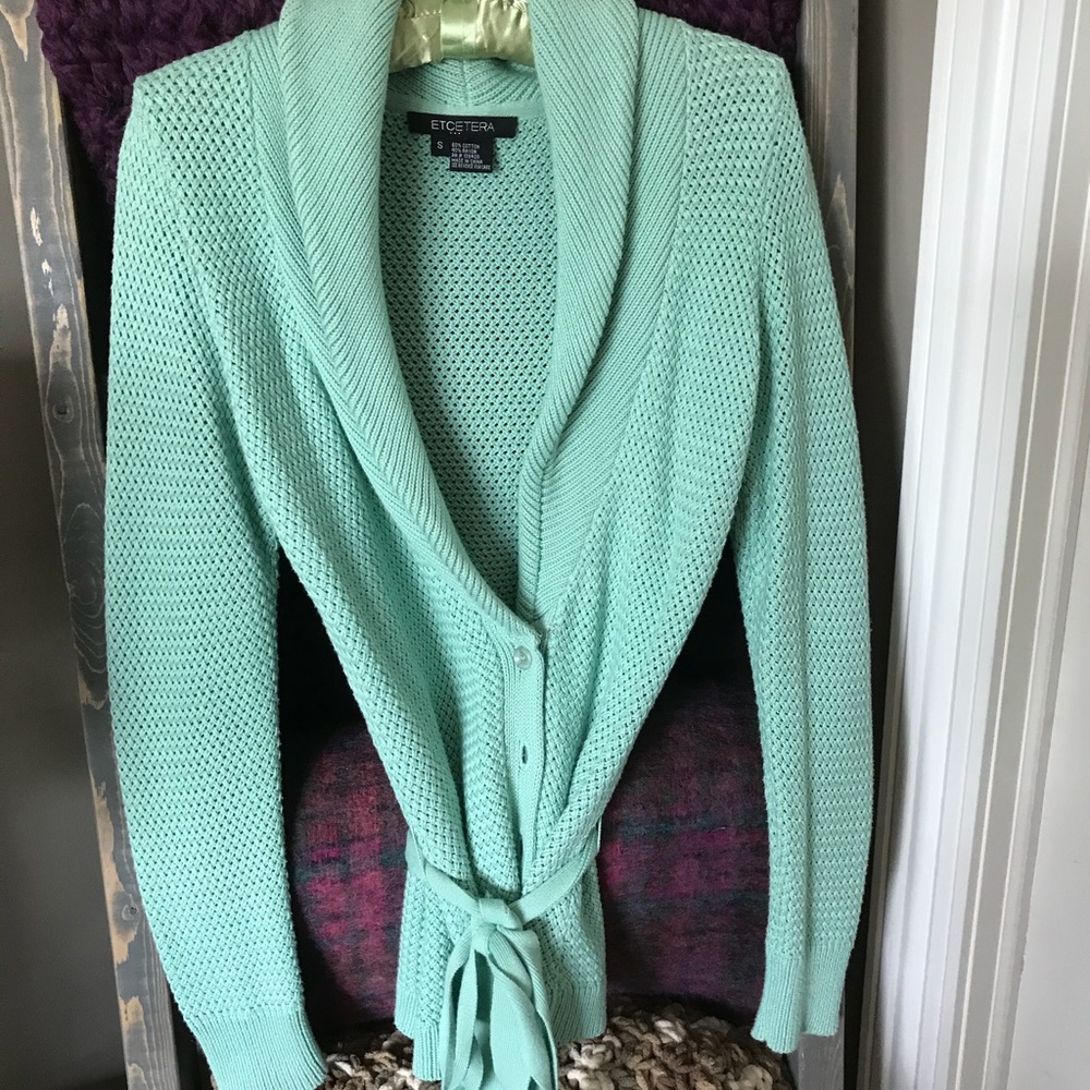 Etcetera mint green cotton sweater.